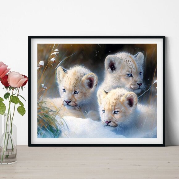 NobleCaptures Other - 8x8 or 8x10 Lion Cubs Snowy‎ Landscape Wall Art Watercolor Oil Painting Print